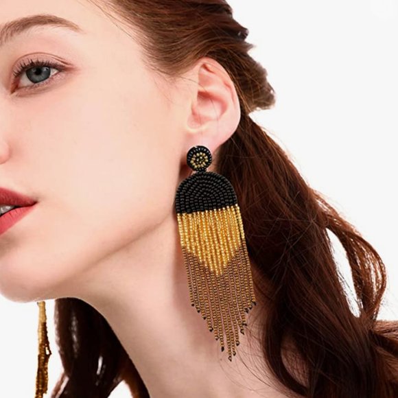 Long 4.5" Modern Art Deco Oversized Post Earrings Black Tan Gold New Tassel Boho - Picture 5 of 9
